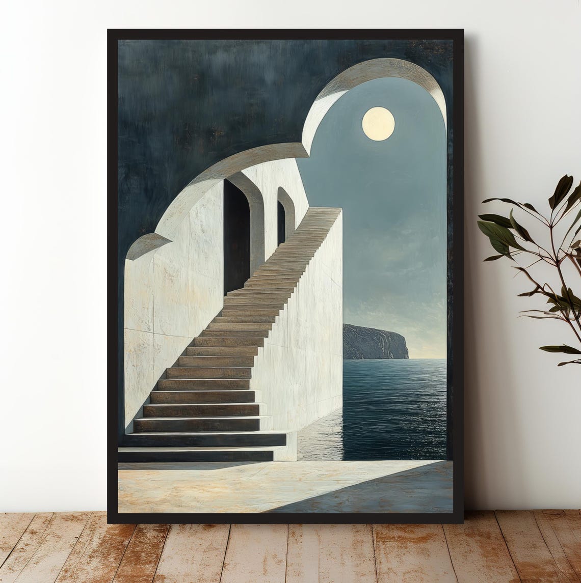 Surreal White Stairs Ocean Moon Minimalist Architecture Art Print