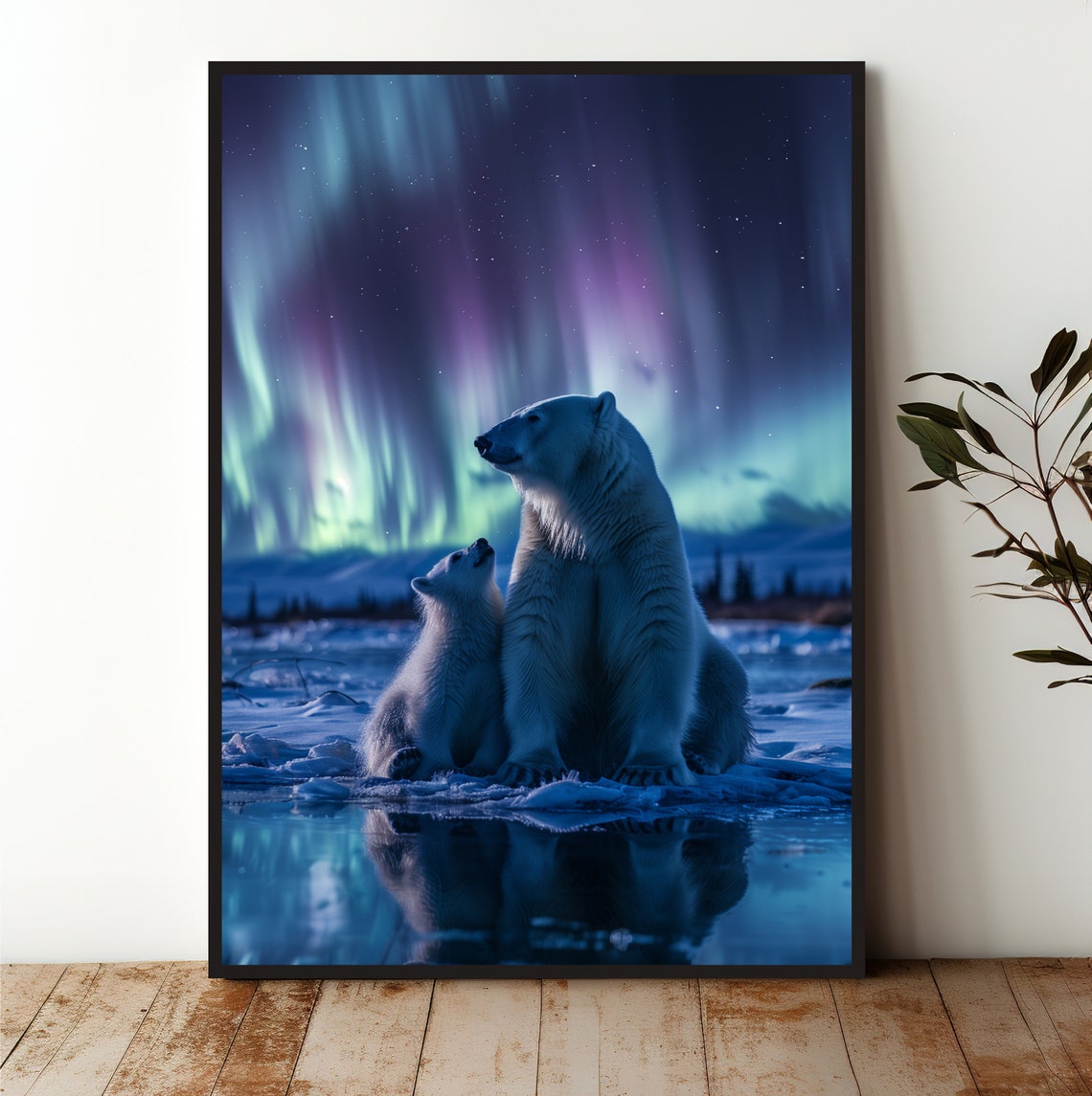 Polar Bear Cub Aurora Night Arctic Wildlife Portrait Art Poster