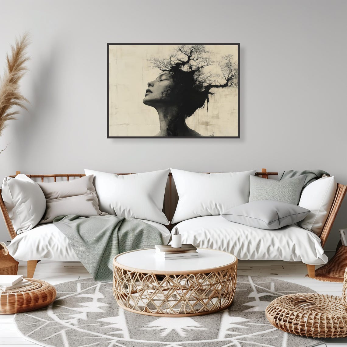 Monochrome Woman Tree of Life Surreal Profile Portrait Art Print - Image 2