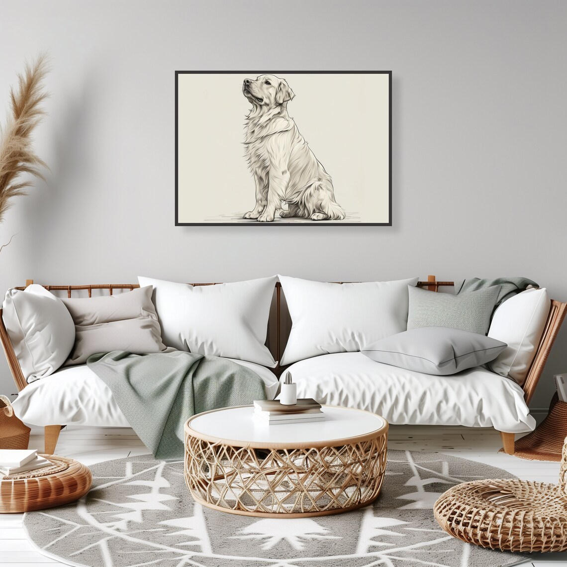 Golden Retriever Line Sketch Sitting Pet Portrait Artwork Print - Image 2