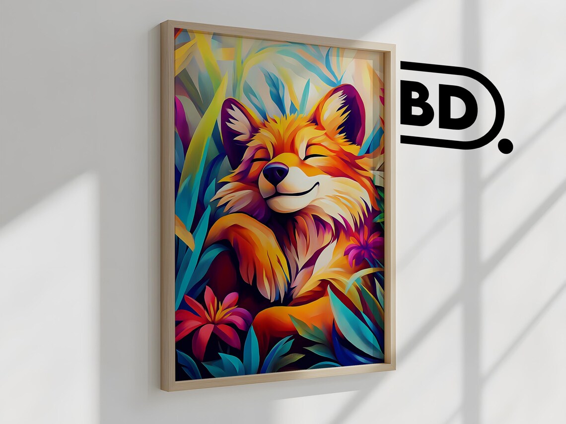 Smiling Orange Fox in a Warm Sunset Flower Jungle Animal Poster - Image 2