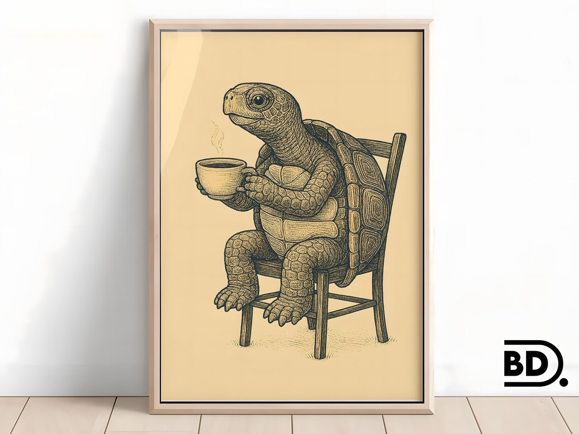 Tortoise Drinking Coffee Vintage Etching Style Quirky Kitchen Wall Art