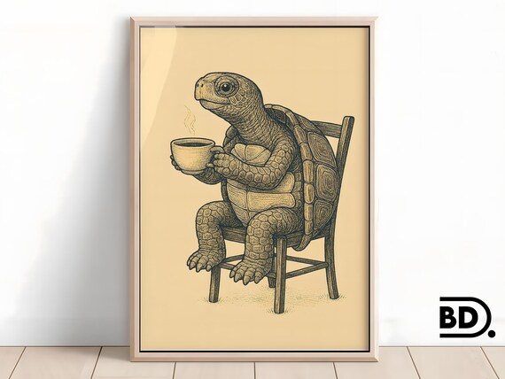 Tortoise Drinking Coffee Vintage Etching Style Quirky Kitchen Wall Art