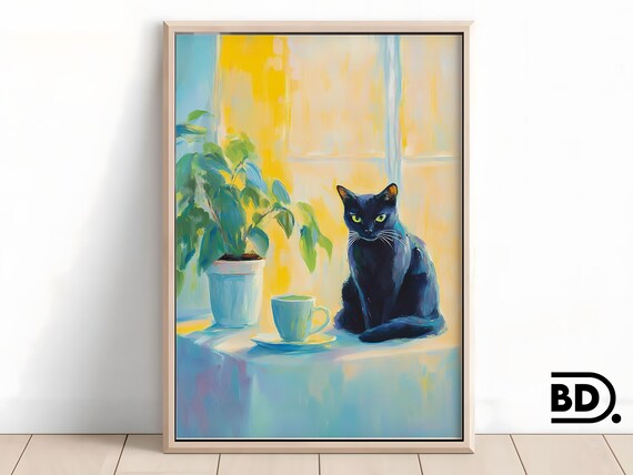 Black Cat by the Window with a Tea Cup in a Sunny Kitchen Poster
