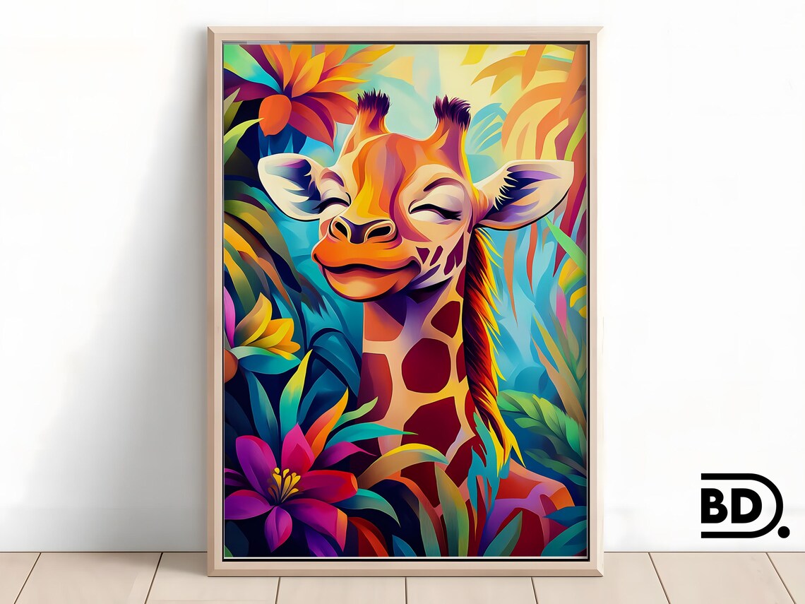 Smiling Giraffe Colorful Jungle Floral Animal Portrait Poster
