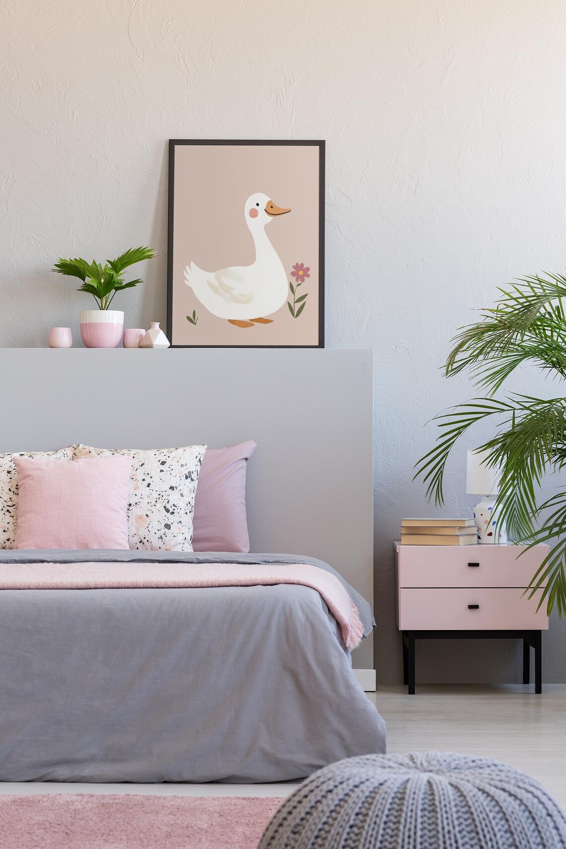 Silly White Goose With Pink Flower on Dusty Pink Nursery Poster - Image 2