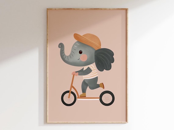 Sweet Elephant in Tan Hat Riding an Orange Scooter Nursery Poster Art