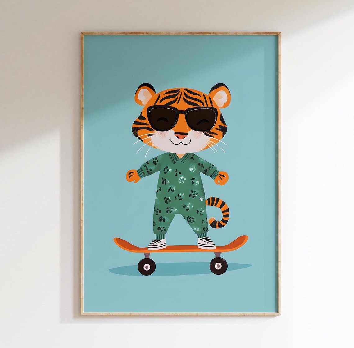 Cute Tiger Cub With Sunglasses Riding Skateboard Kids Poster