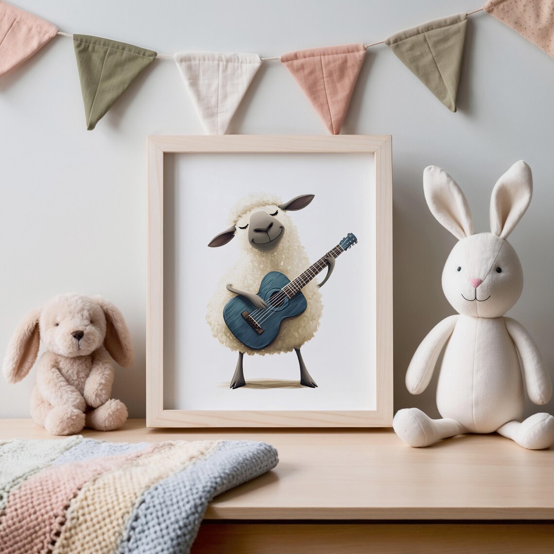 Fluffy Sheep Strumming a Blue Guitar Sweet Nursery Animal Art Poster - Image 3