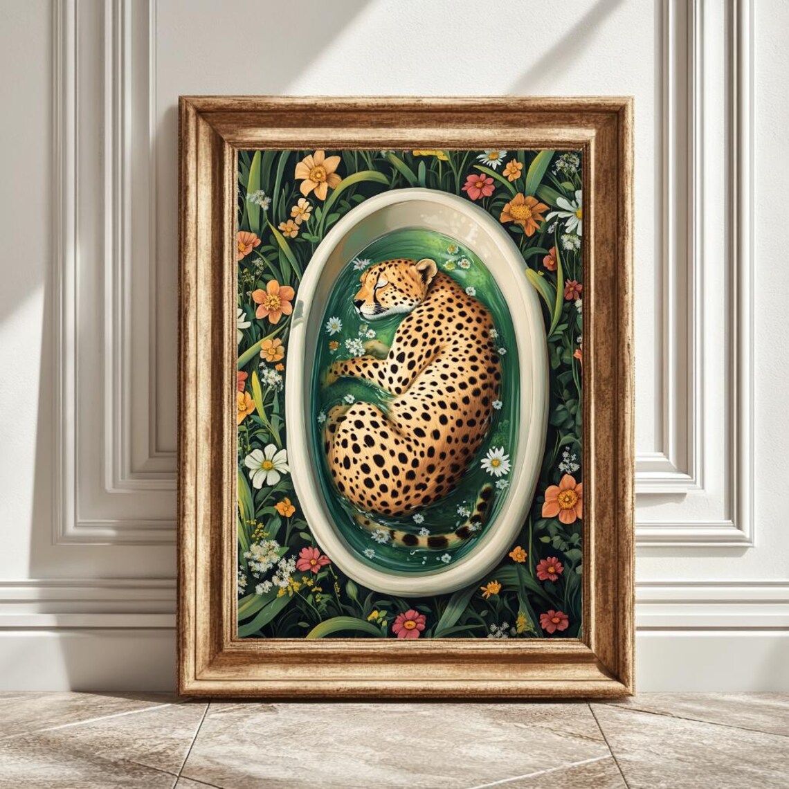 Cheetah Sleeping In Bathtub Flowers Art Print