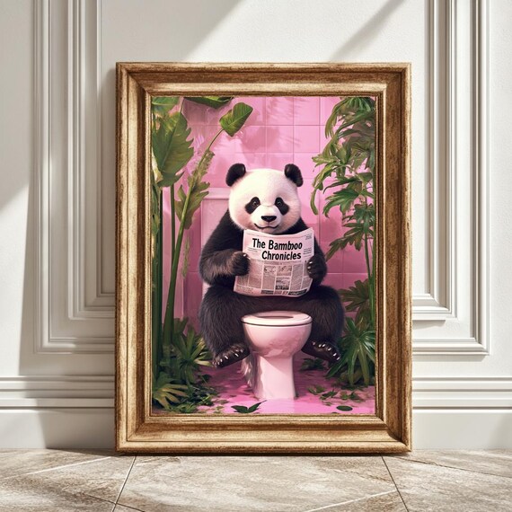 Panda On Toilet, Bathroom Humor Wall Art Print