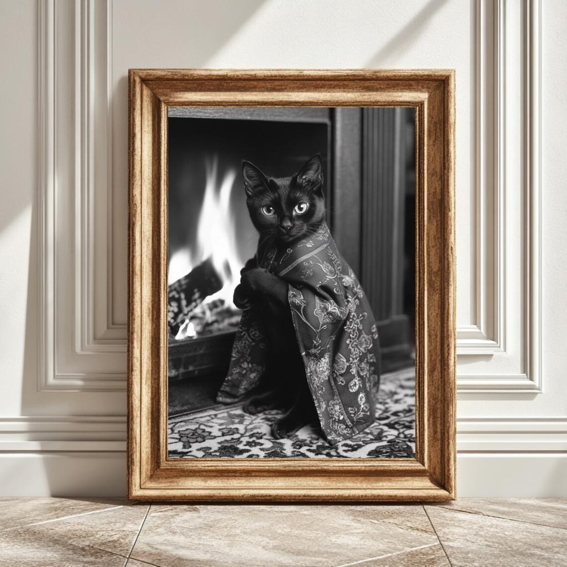 Black Cat In Robe, Monochrome Cat Lover Gift