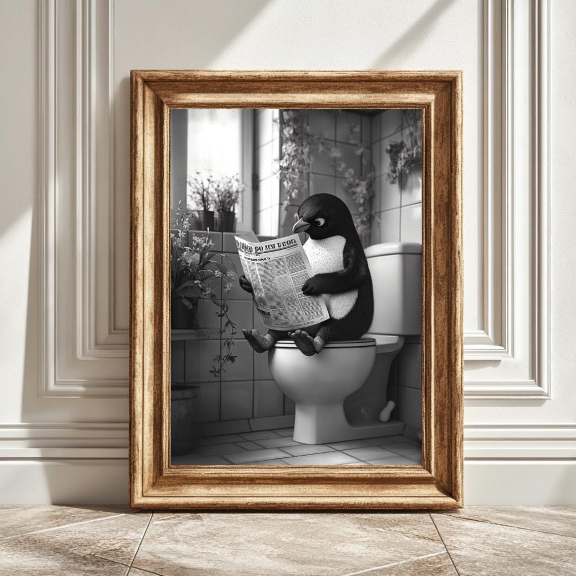 Penguin On A Toilet Reading A Newspaper, Bathroom Decor