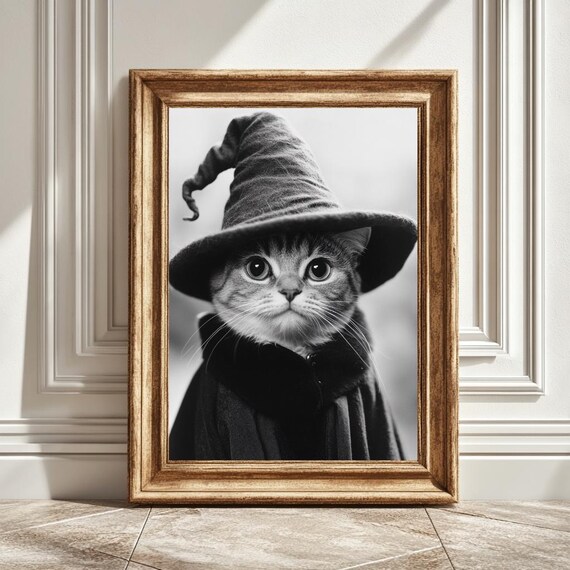 Cat Wizard Hat, Minimalist Fantasy Art Print