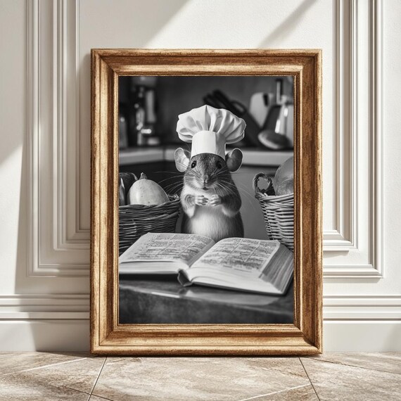 Mouse Chef Hat Kitchen Art Print, Cute Animal Illustration