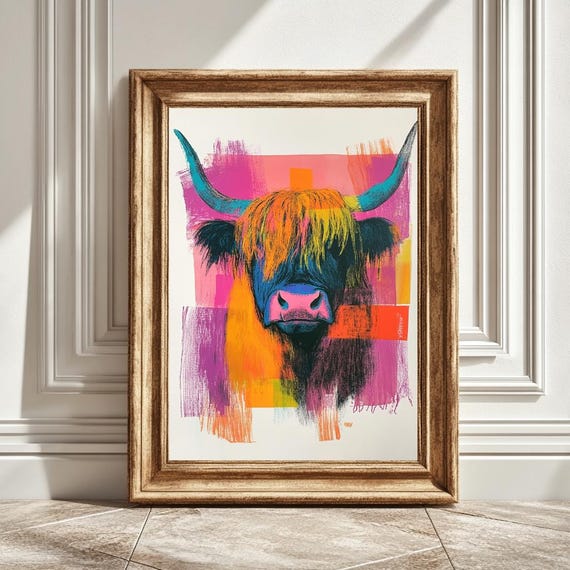 Matisse Inspired Highland Cow, Funky Retro Art