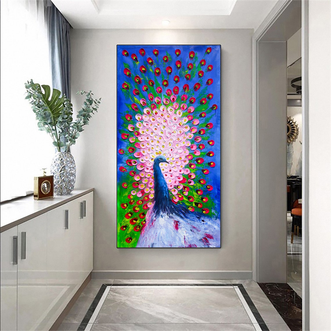 Vibrant Abstract Peacock With Colorful Fanned Feather Oil Poster - Image 4