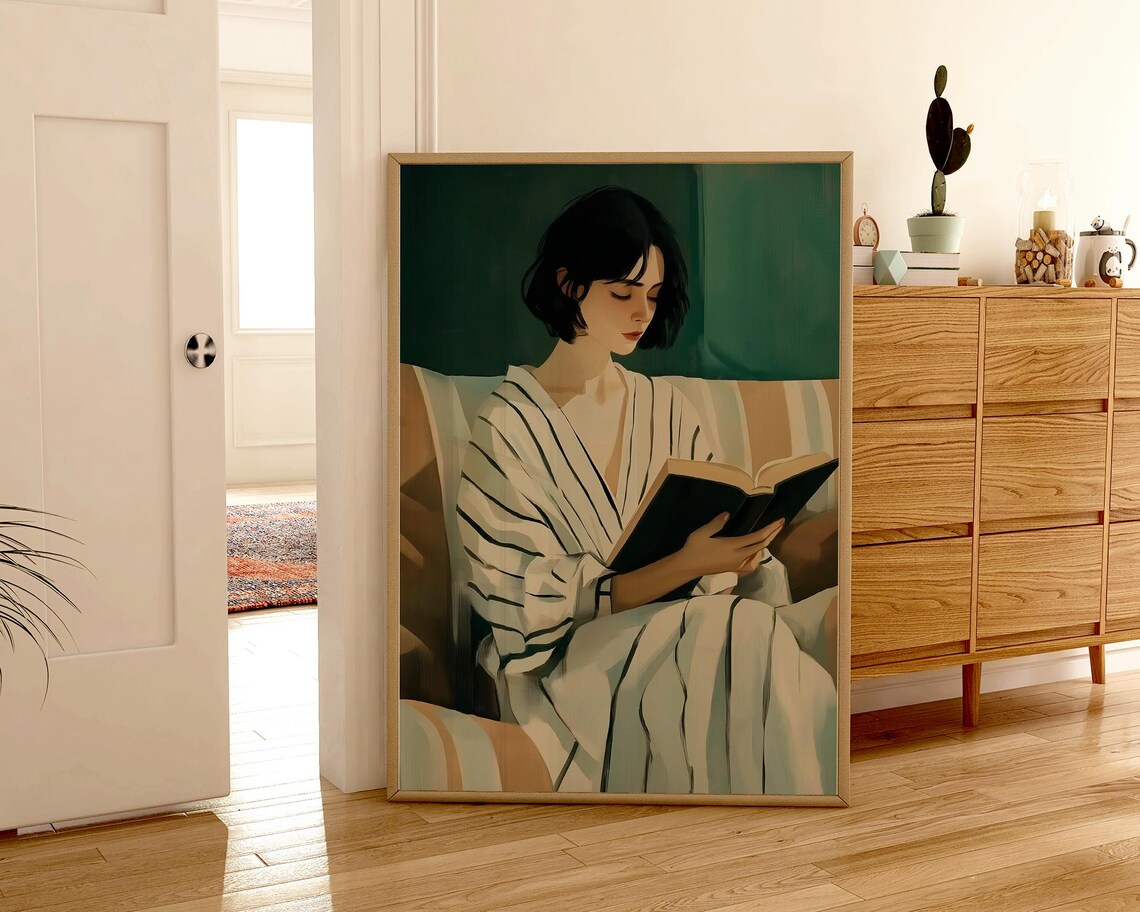 Evening Emerald Reading Woman Minimalist Contemporary Book Lover Poster - Image 2