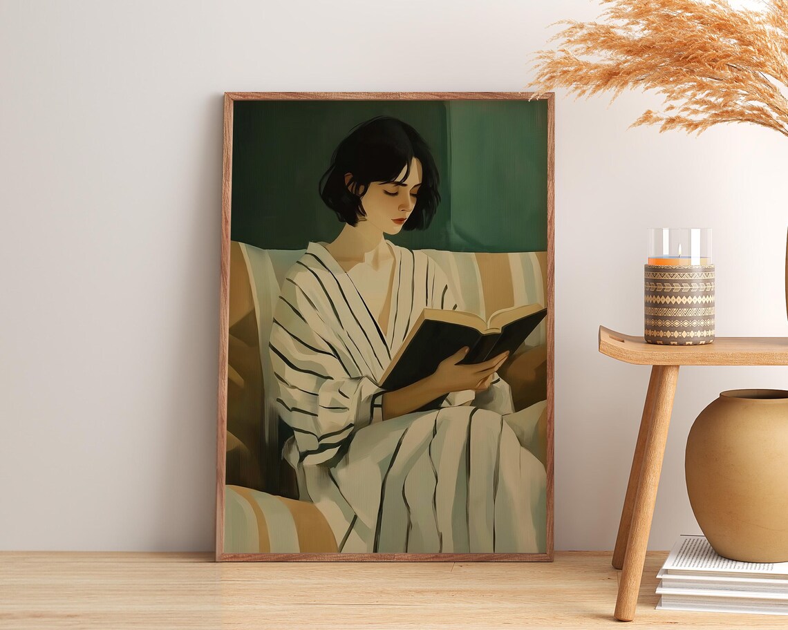 Evening Emerald Reading Woman Minimalist Contemporary Book Lover Poster - Image 3