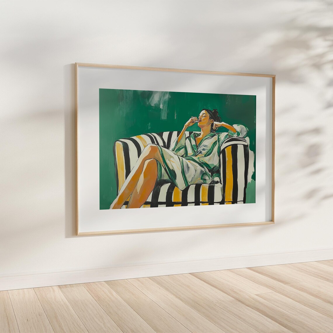 Woman Smoking on Striped Chair Emerald Green Painting Poster - Image 4
