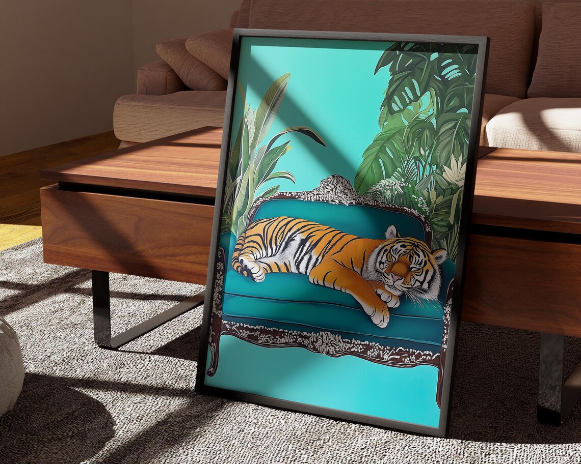 Majestic Tiger Lounging On A Teal Settee With Tropical Leaves Poster - Image 2
