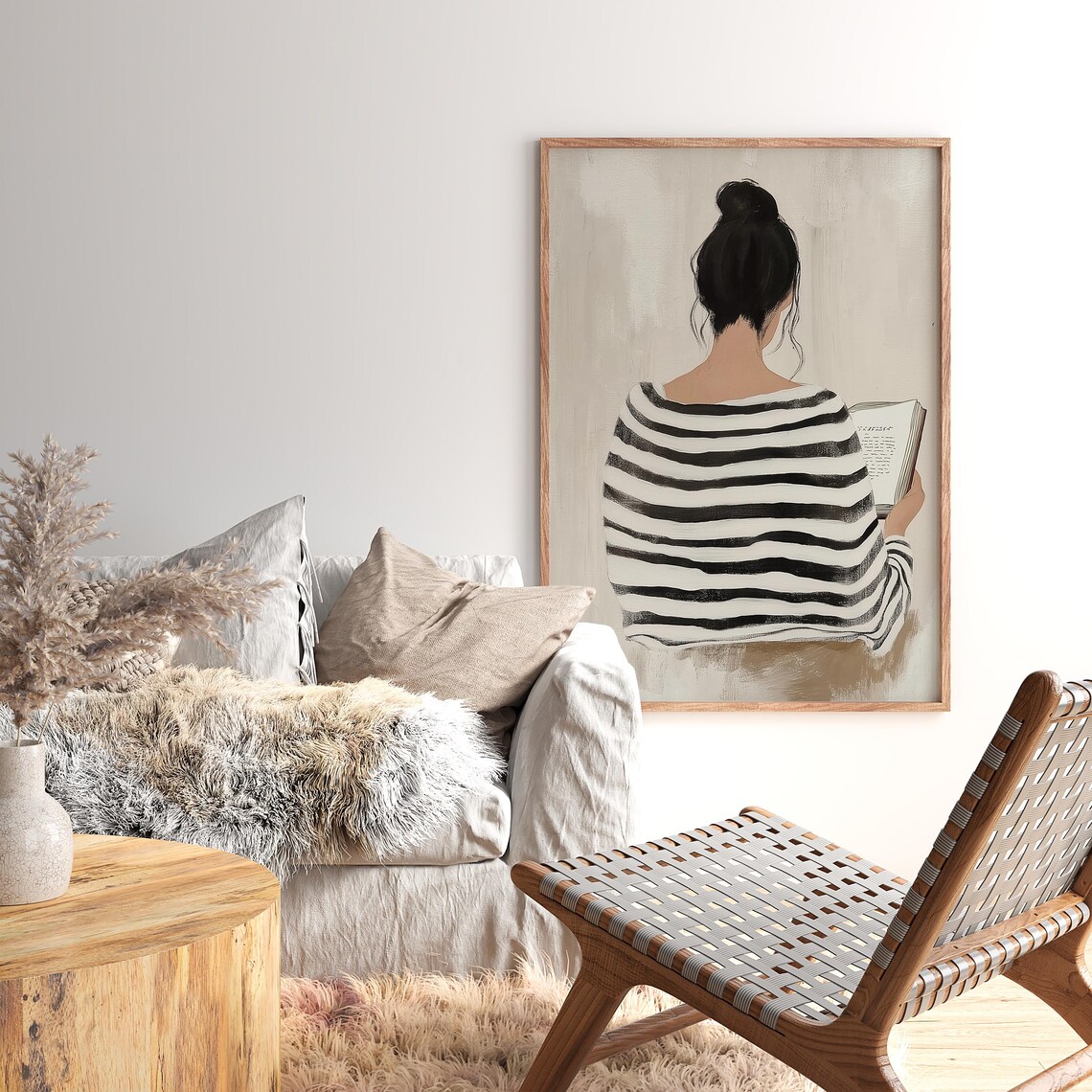 Striped Dress Woman Reading, Minimalist Abstract Portrait - Image 4