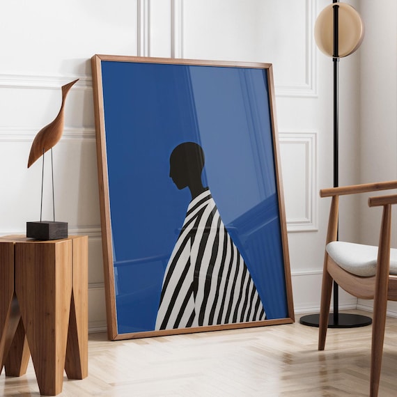 Electric Blue Abstract Contemporary Artwork Stripe Afro Woman Nordic Minimalist Print Cobalt Stripe Female Decor