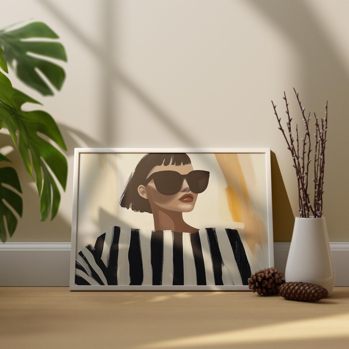Chic Bob-Haired Woman In Sunglasses With Striped Top Wall Art - Image 3