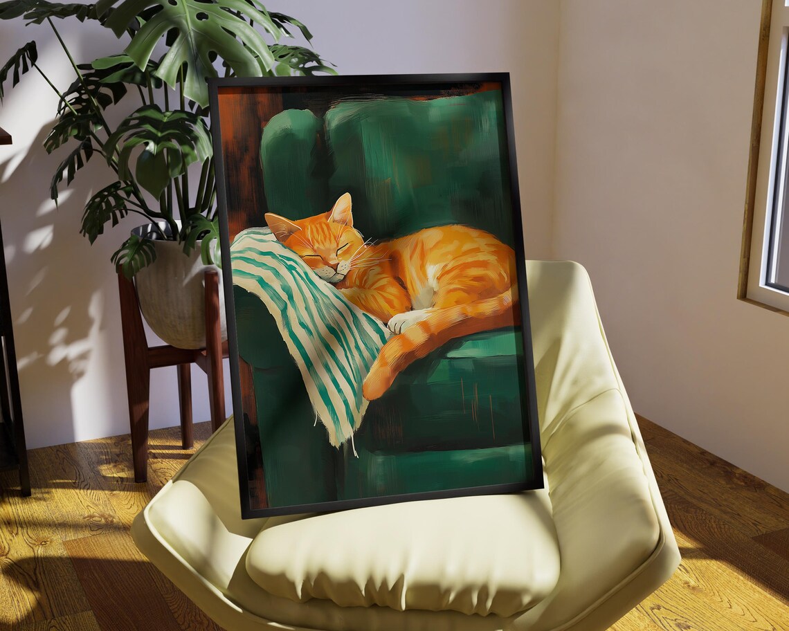 Sleeping Cat Cozy Cat Contemporary Artwork, Cute Cat - Image 3