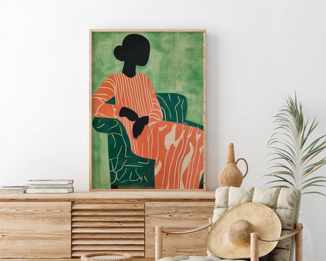 Seated Woman Silhouette in Coral Striped Dress on Green Poster - Image 3