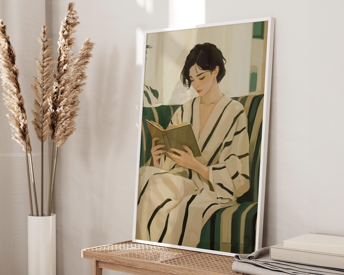 Serene Emerald Reading Woman Minimalist Contemporary Book Nook Poster - Image 2