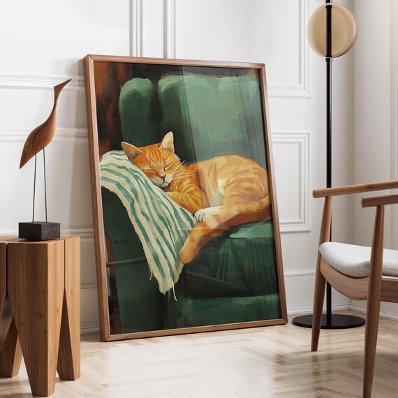 Sleeping Cat Cozy Cat Contemporary Artwork, Cute Cat