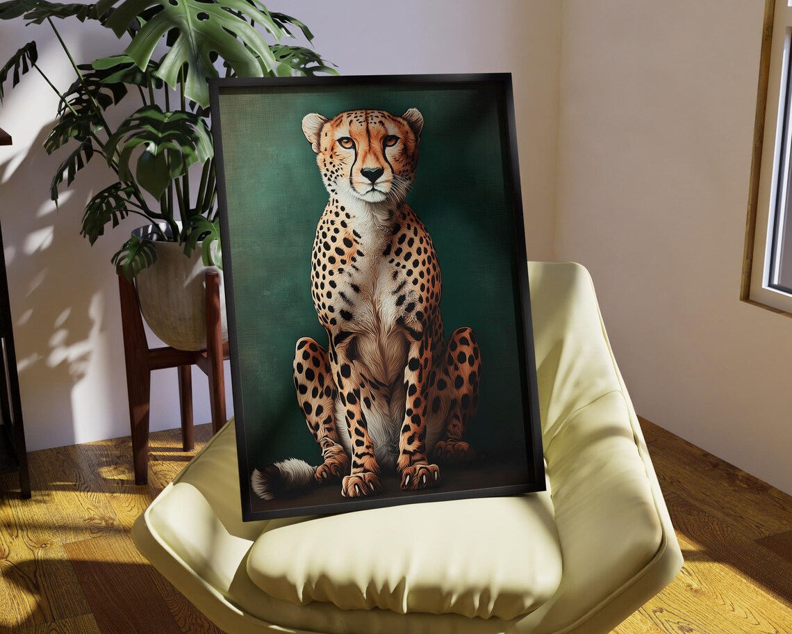 Regal Cheetah Portrait On A Deep Sage Green Background Poster - Image 3