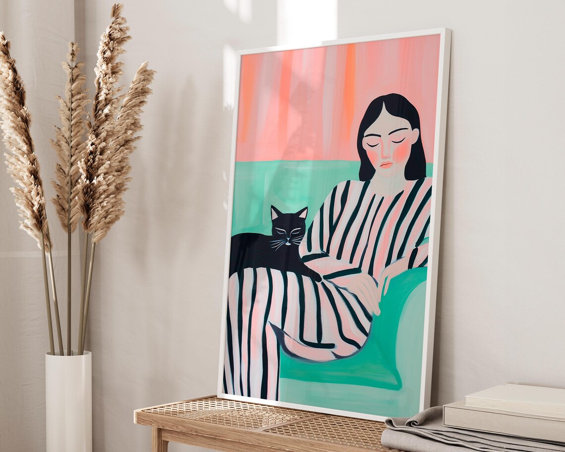 Relaxing Woman With Black Cat Pink Green Minimalist Feline Art Poster - Image 3