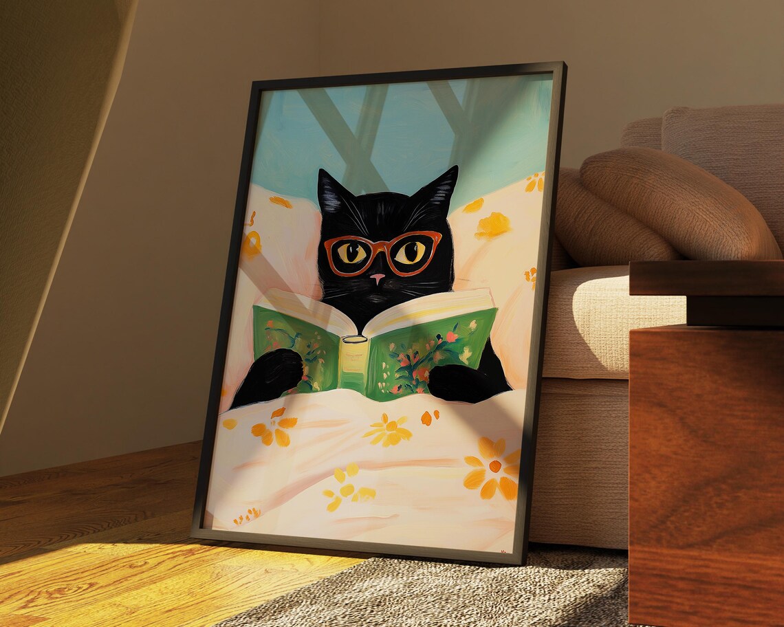 Bookworm Cat, Contemporary Reading Cat Art Print - Image 2