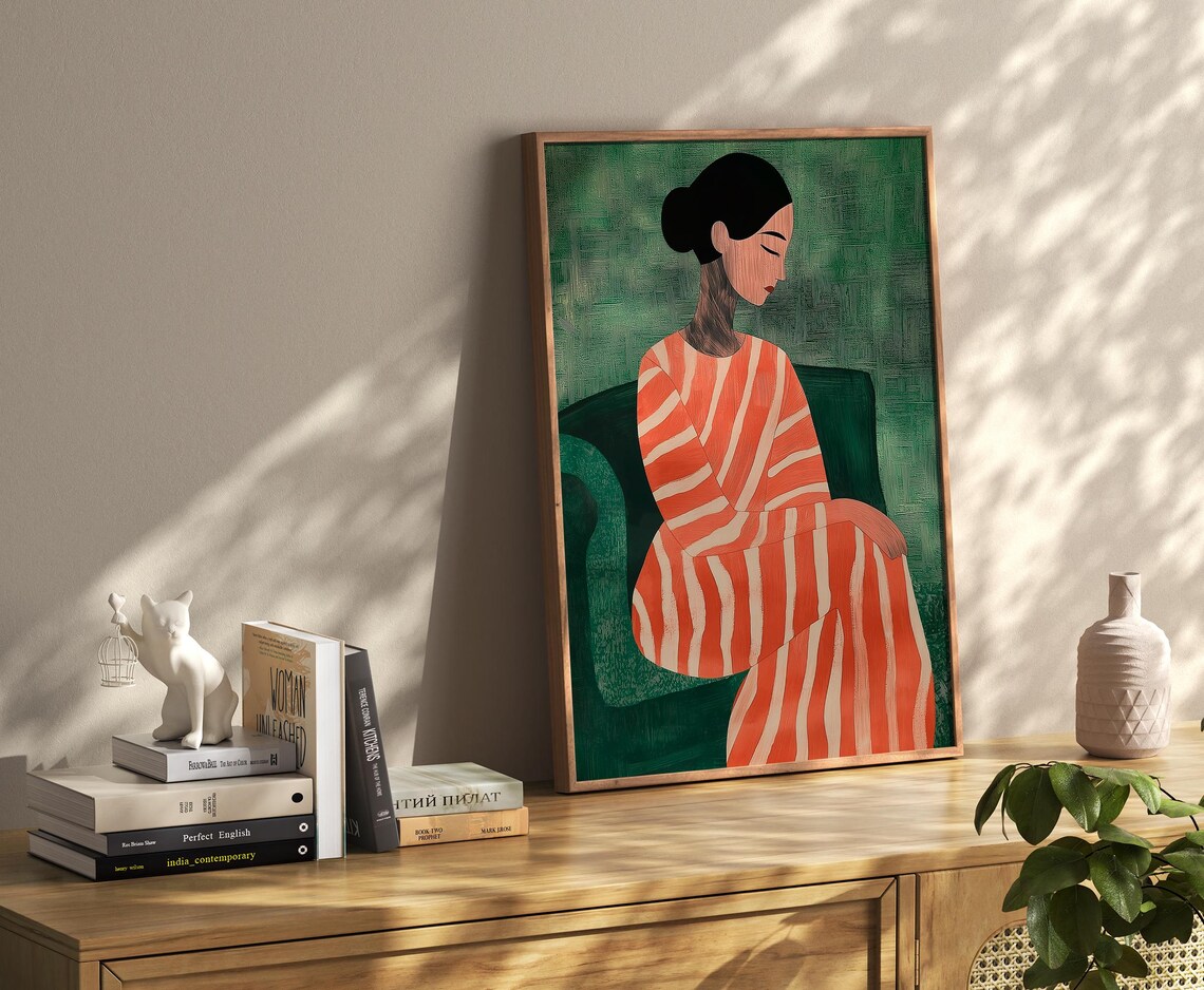 Seated Woman in Orange Striped Dress Green Background Poster - Image 4