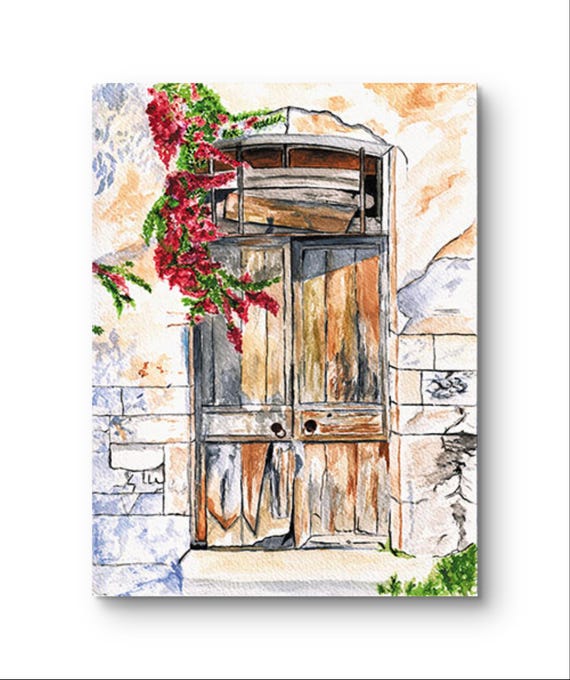 Old Door Watercolor Print Mediterranean Cottage Decor