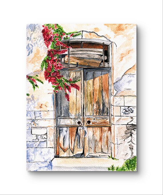 Rustic Wooden Door Bougainvillea Mediterranean Watercolor Print