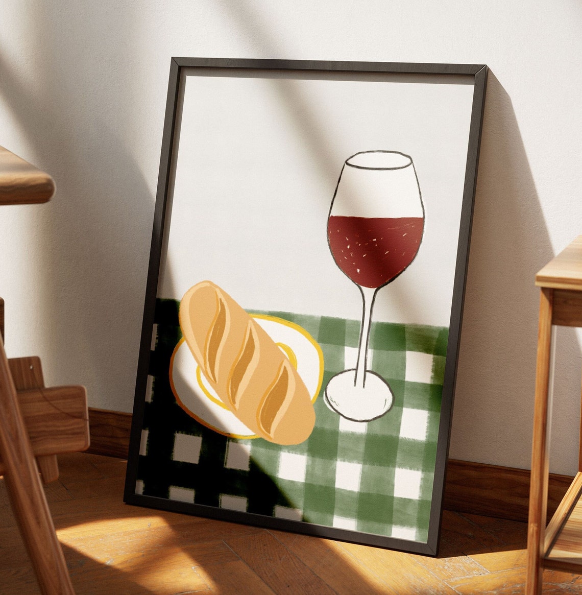 Baguette And Red Wine Glass Green Gingham Christian Kitchen Poster - Image 3