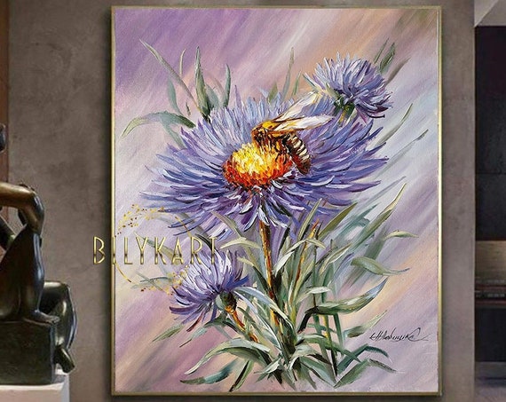 Purple Flower Oil Painting Original Abstract Floral Wall Art Large Flower Painting On Honey Bee Painting Summer Flower Artwork