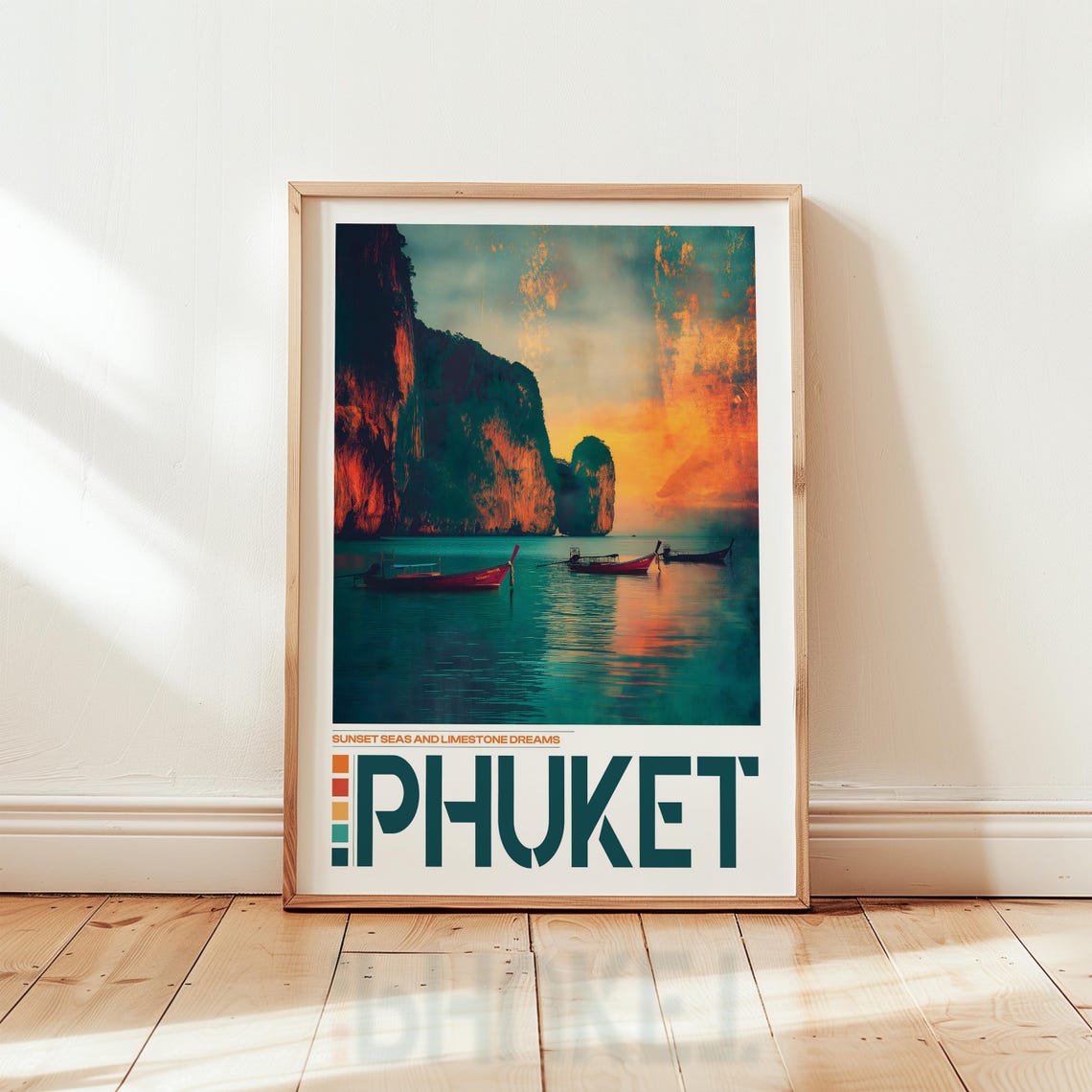 Phuket Thailand Sunset Longtail Boats Limestone Travel Poster