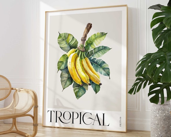 Tropical Banana Watercolor Botanical Print Yellow Fruit Minimal Leaves