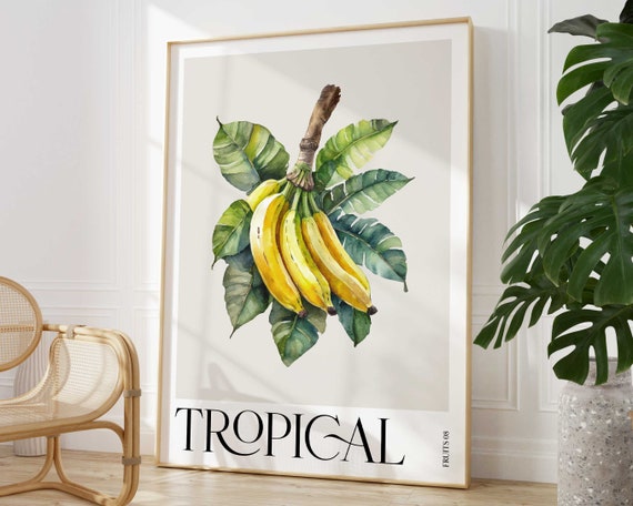 Tropical Fruit Banana Print Colourful Botanical Leaves Wall Art Watercolour Poster Kitchen Living Room Home Decor
