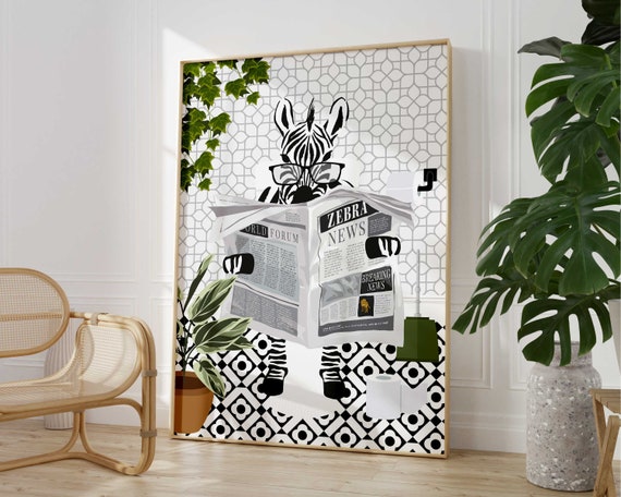 Zebra On Toilet Black And White Bathroom Art Print