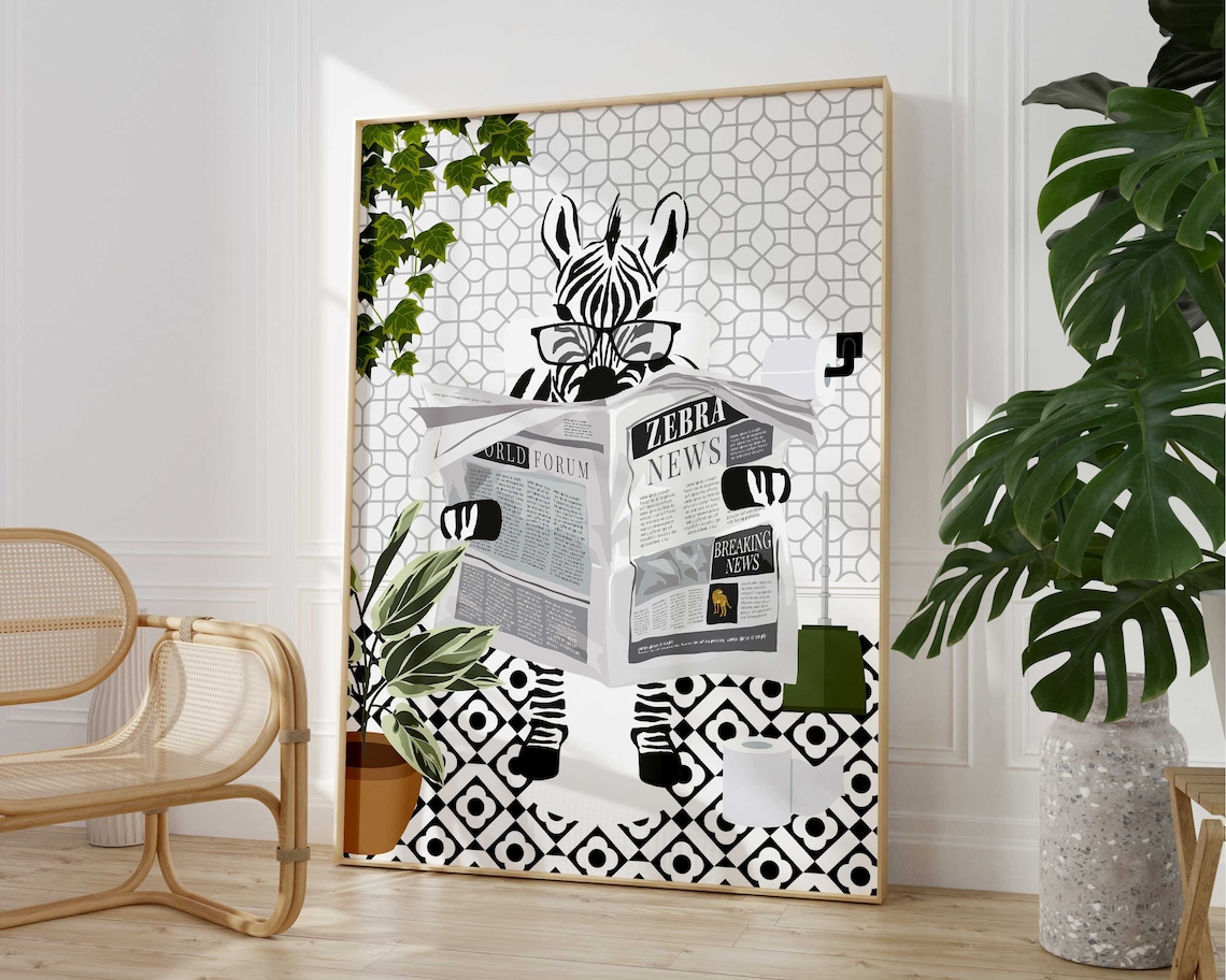 Zebra On Toilet Black And White Bathroom Art Print