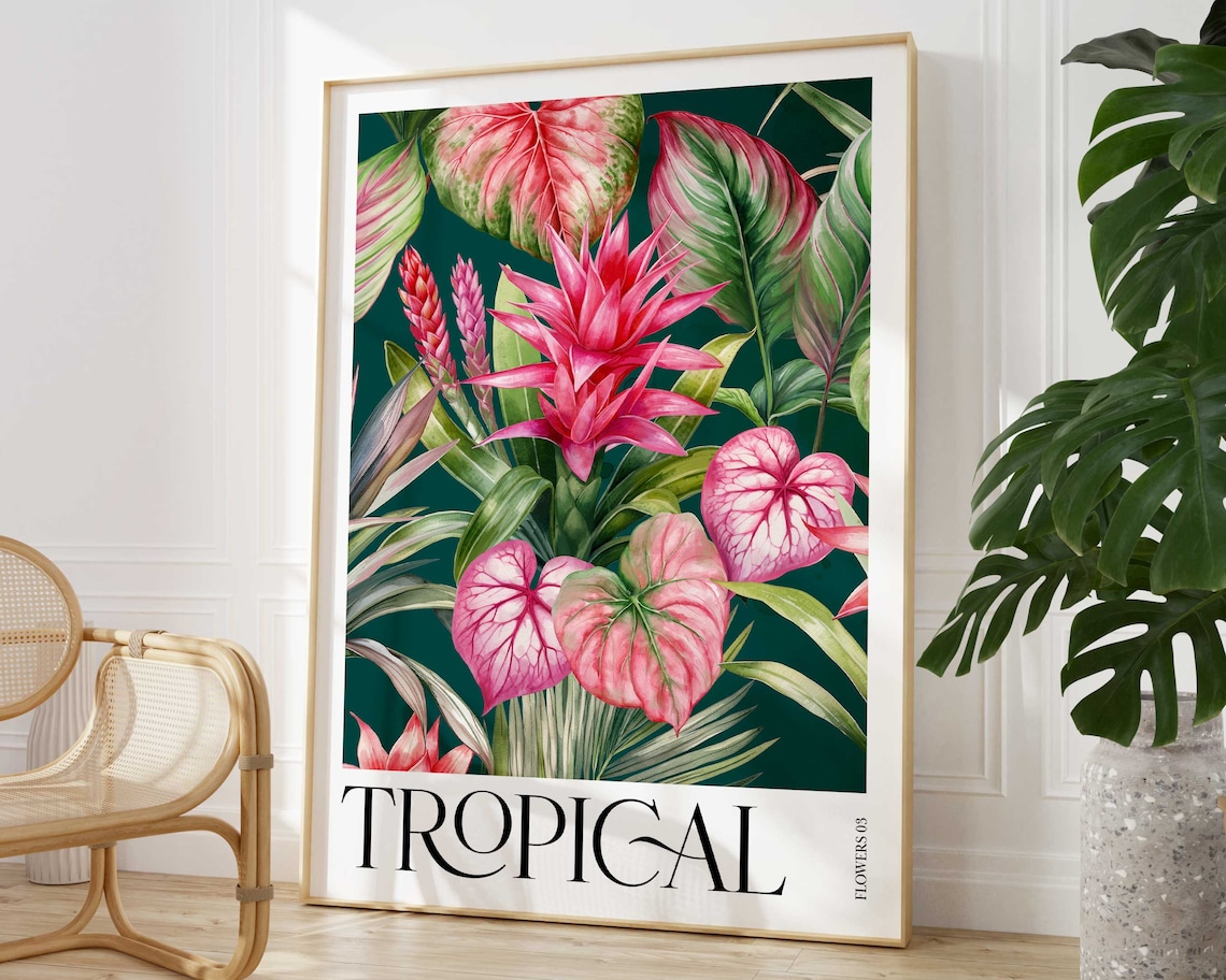 Tropical Pink Botanical Flower Print, Rainforest Poster