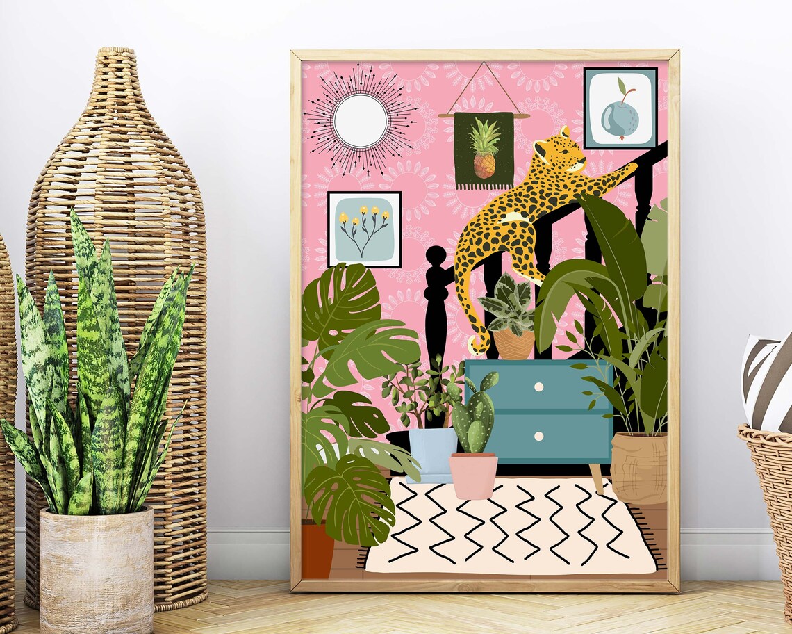 Botanical Leopard Art Print, Boho Tropical Eclectic