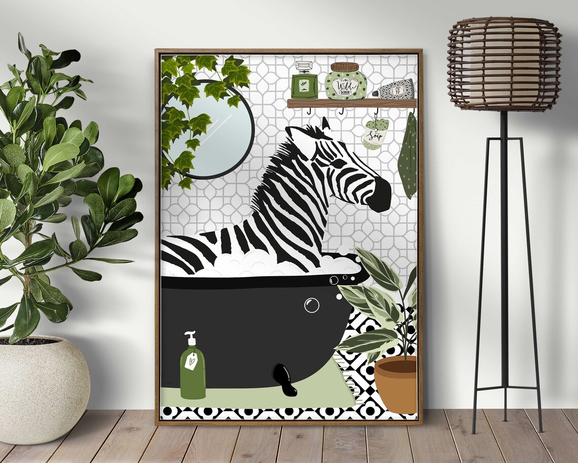 Zebra In Bathtub Monochrome Bathroom Art Print