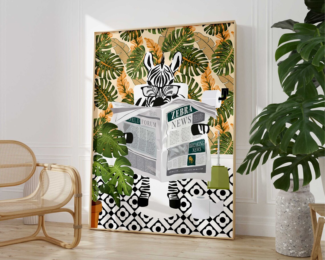 Zebra On Toilet Bathroom Print, Tropical Animal Art