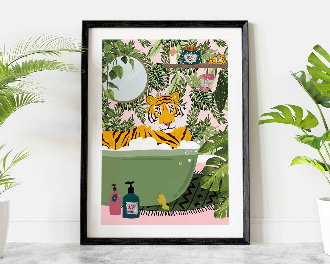 Tiger in Bath Botanical Animal Print, Maximalist Art Print